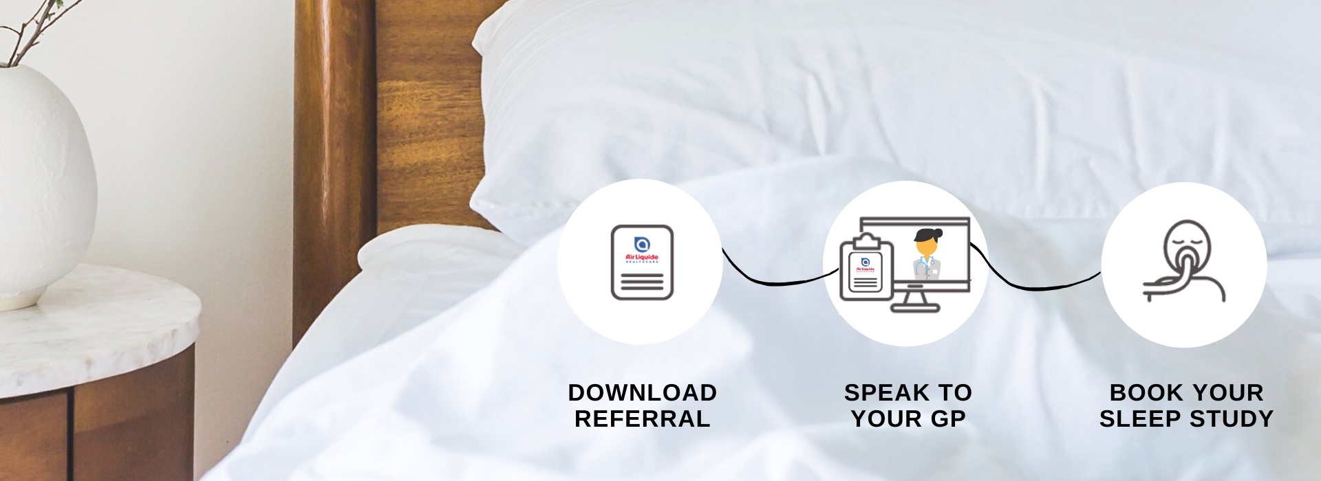Three steps illustrated across a bedroom scene: download referral, speak to your GP, book your sleep study